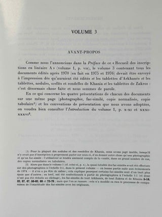 Recueil des inscriptions en lin&eacute;aire A. Vol. 1: Tablettes &eacute;dit&eacute;es avant 1970. Vol. 2: Nodules, Scell&eacute;s et Rondelles &eacute;dit&eacute;s avant 1970. Vol. 3: Tablettes, nodules et rondelles &eacute;dit&eacute;s en 1975 et 1976. Vol. 4: Autres Documents. Vol. 5: Addenda, Corrigenda, Concordances, Index et Planches des signes (complete set)[newline]M4767g-18.jpeg