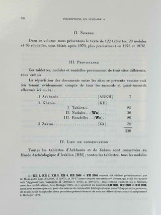 Recueil des inscriptions en lin&eacute;aire A. Vol. 1: Tablettes &eacute;dit&eacute;es avant 1970. Vol. 2: Nodules, Scell&eacute;s et Rondelles &eacute;dit&eacute;s avant 1970. Vol. 3: Tablettes, nodules et rondelles &eacute;dit&eacute;s en 1975 et 1976. Vol. 4: Autres Documents. Vol. 5: Addenda, Corrigenda, Concordances, Index et Planches des signes (complete set)[newline]M4767g-19.jpeg