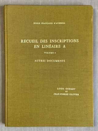 Recueil des inscriptions en lin&eacute;aire A. Vol. 1: Tablettes &eacute;dit&eacute;es avant 1970. Vol. 2: Nodules, Scell&eacute;s et Rondelles &eacute;dit&eacute;s avant 1970. Vol. 3: Tablettes, nodules et rondelles &eacute;dit&eacute;s en 1975 et 1976. Vol. 4: Autres Documents. Vol. 5: Addenda, Corrigenda, Concordances, Index et Planches des signes (complete set)[newline]M4767g-22.jpeg