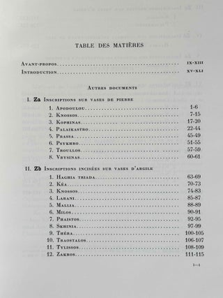 Recueil des inscriptions en lin&eacute;aire A. Vol. 1: Tablettes &eacute;dit&eacute;es avant 1970. Vol. 2: Nodules, Scell&eacute;s et Rondelles &eacute;dit&eacute;s avant 1970. Vol. 3: Tablettes, nodules et rondelles &eacute;dit&eacute;s en 1975 et 1976. Vol. 4: Autres Documents. Vol. 5: Addenda, Corrigenda, Concordances, Index et Planches des signes (complete set)[newline]M4767g-24.jpeg