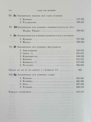 Recueil des inscriptions en lin&eacute;aire A. Vol. 1: Tablettes &eacute;dit&eacute;es avant 1970. Vol. 2: Nodules, Scell&eacute;s et Rondelles &eacute;dit&eacute;s avant 1970. Vol. 3: Tablettes, nodules et rondelles &eacute;dit&eacute;s en 1975 et 1976. Vol. 4: Autres Documents. Vol. 5: Addenda, Corrigenda, Concordances, Index et Planches des signes (complete set)[newline]M4767g-25.jpeg