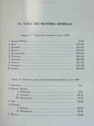 Recueil des inscriptions en lin&eacute;aire A. Vol. 1: Tablettes &eacute;dit&eacute;es avant 1970. Vol. 2: Nodules, Scell&eacute;s et Rondelles &eacute;dit&eacute;s avant 1970. Vol. 3: Tablettes, nodules et rondelles &eacute;dit&eacute;s en 1975 et 1976. Vol. 4: Autres Documents. Vol. 5: Addenda, Corrigenda, Concordances, Index et Planches des signes (complete set)[newline]M4767g-35.jpeg
