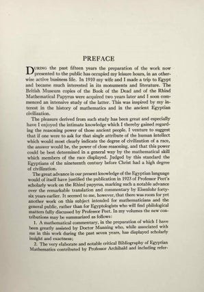 The Rhind mathematical papyrus, British Museum 10057 and 10058. Photographic facsimile, hieroglyphic transcription, transliteration, literal translation, free translation, mathematical commentary, and bibliography. Volume I (only): Free translation and commentary.