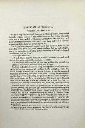 The Rhind mathematical papyrus, British Museum 10057 and 10058. Photographic facsimile, hieroglyphic transcription, transliteration, literal translation, free translation, mathematical commentary, and bibliography. Volume I (only): Free translation and commentary.