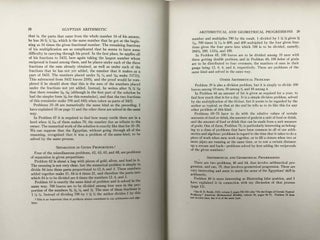 The Rhind mathematical papyrus, British Museum 10057 and 10058. Photographic facsimile, hieroglyphic transcription, transliteration, literal translation, free translation, mathematical commentary, and bibliography. Volume I (only): Free translation and commentary.