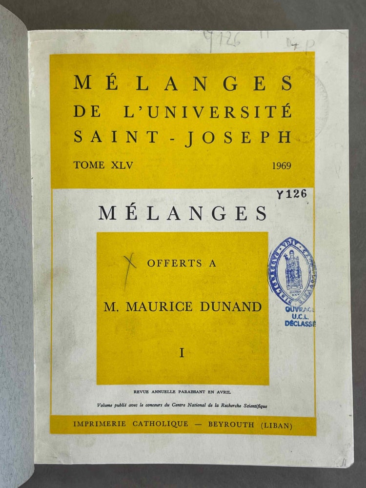 Item #M5630b Mélanges offerts à M. Maurice Dunand. Tome I. DUNAND Maurice.[newline]M5630b-00.jpeg