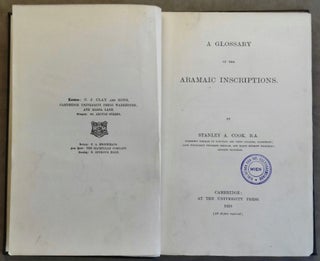 Item #M6299 A glossary of the Aramaic inscriptions. COOK Stanley A[newline]M6299.jpg