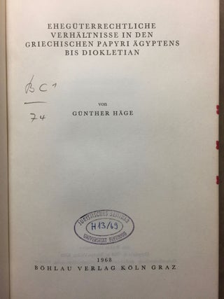 Ehegüterrechtliche Verhältnisse in den griechischen Papyri Ägyptens bis Diokletian