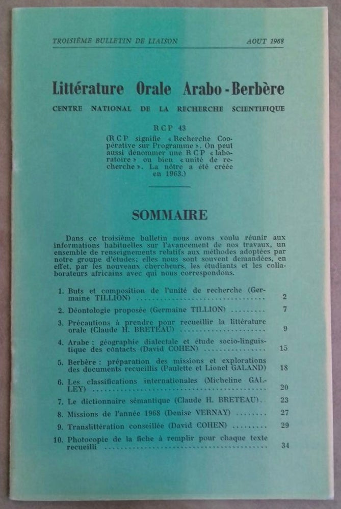 Item #M6606 Littérature Orale Arabo-Berbère. 3e bulletin de liaison. AAE - Journal - Single issue.[newline]M6606.jpg