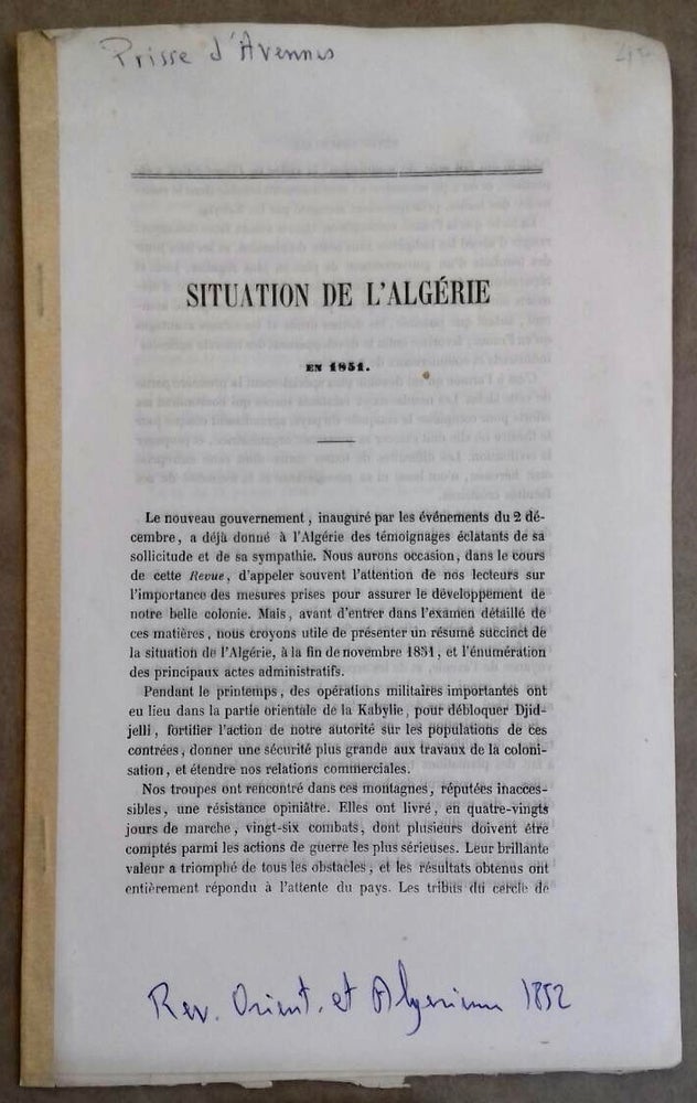 Item #M6635 Situation de l'Algérie en 1851. PRISSE D'AVENNES Emile.[newline]M6635.jpg