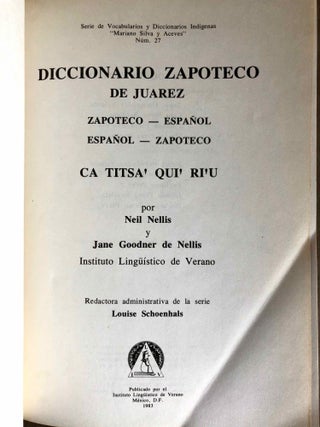 Diccionario zapoteco de Juarez. Zapoteco-Español. Español-Zapoteco.[newline]M6657-01.jpg