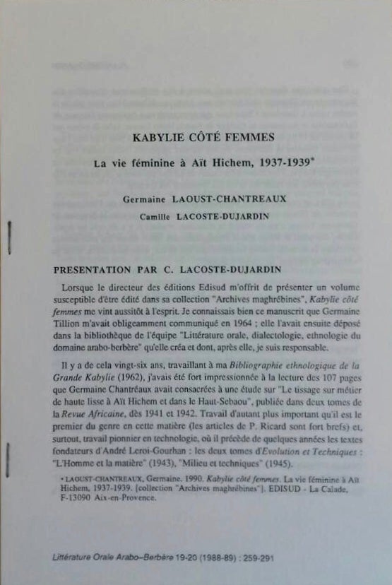 Item #M6696c Kabylie, côté femmes: la vie féminine à Aït Hichem, 1937-1939. LAOUST-CHANTREAUX Germaine - LACOSTE-DUJARDIN Camille.[newline]M6696c.jpg