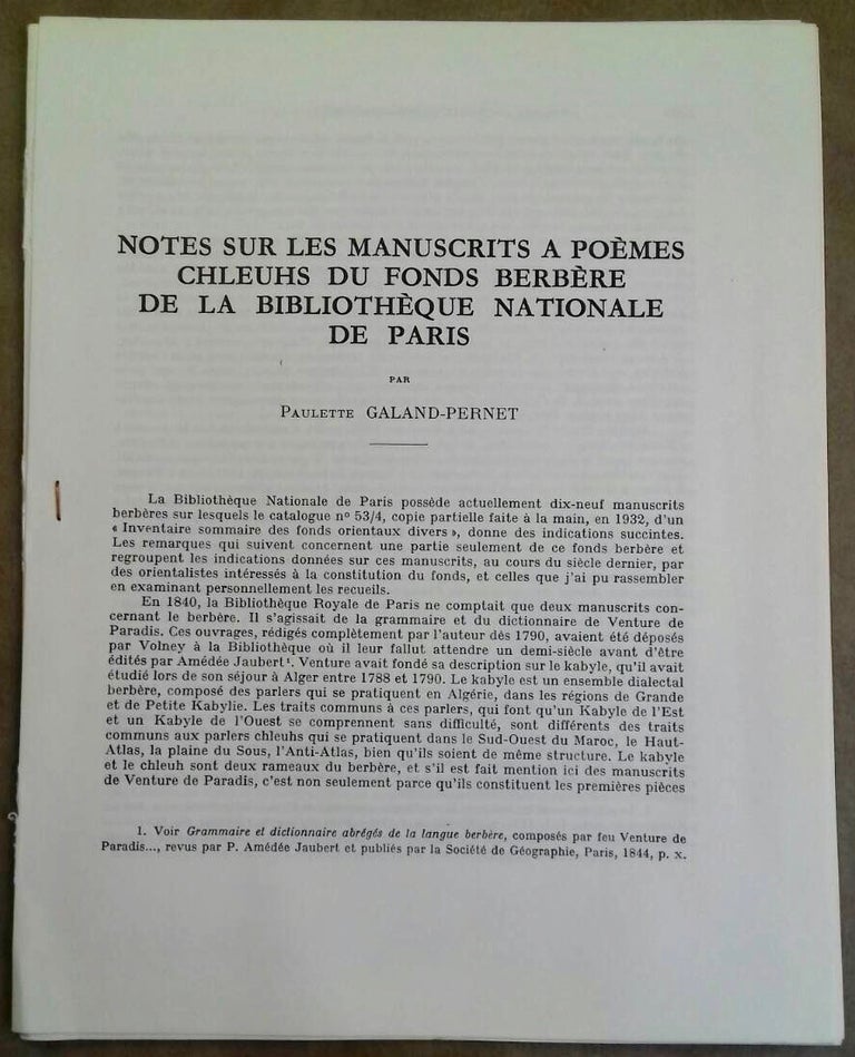 Item #M6709 Notes sur les manuscrits à poèmes Chleuhs du fonds Berbère de la Bibliothèque Nationale de Paris. GALAND-PERNET Paulette.[newline]M6709.jpg