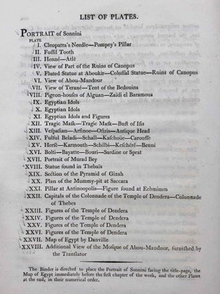 Travels in Upper and Lower Egypt: undertaken by order of the old government of France; by C. S. Sonnini, engineer in the French navy, and member of several scientific and literary societies. Followed by: Report of the Commission of Arts to the First Consul Bonaparte on the Antiquities of Upper Egypt and the present state of all the temples, palaces, obelisks, statues, tombs, pyramids, &c. of Philoe, Syene, Thebes, Tentyris, Latopolis, Memphis, Heliopolis, &c.. &c.[newline]M7229-05.jpg