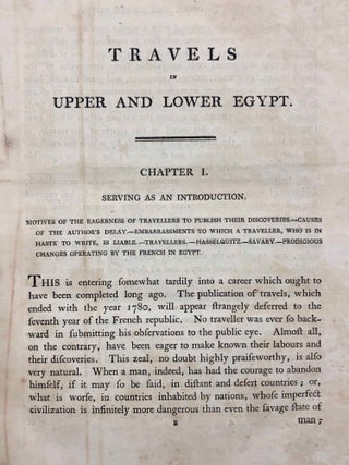 Travels in Upper and Lower Egypt: undertaken by order of the old government of France; by C. S. Sonnini, engineer in the French navy, and member of several scientific and literary societies. Followed by: Report of the Commission of Arts to the First Consul Bonaparte on the Antiquities of Upper Egypt and the present state of all the temples, palaces, obelisks, statues, tombs, pyramids, &c. of Philoe, Syene, Thebes, Tentyris, Latopolis, Memphis, Heliopolis, &c.. &c.[newline]M7229-17.jpg