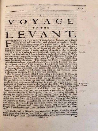An account of divers choice remarks: as well geographical, as historical, political, mathematical, physical and moral, taken in a journey through the Low-Countries, France, Italy, and part of Spain, with the isles of Sicily and Malta. As also: a voyage to the Levant: A description of Candia, Egypt, the Red Sea, the Deserts of Arabia, Mount-Horeb and Mount-Sinai, the Coasts of Palestine, Syria, and Asia-Minor, the Hellespont, Propontis, and Constantinople, the Isles of the Carpathian, Egean and Ionian Seas. Wherein their present State, Interest, Customs, Manners, and Religion, their Learning and Learned Men, with the most celebrated pieces of sculpture, painting, &c. are more Accurately set forth, than hath hitherto been done. With an Account of divers sorts of shell-Like bodies found at great distances from the seas. With remarks thercon, in way to discover their original. And what else occurr'd most remarkable in thirteen years travels. Illustrated with divers figures.[newline]M7231-299.jpg
