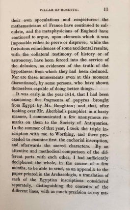 An Account of Some Recent Discoveries in Hieroglyphical Literature, and Egyptian Antiquities. Including the author's original alphabet, as extended by Mr. Champollion.[newline]M7239a-25.jpg