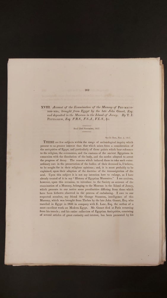 Item #M7468 Account of the Examination of the Mummy of Pet-Maut-Ioh-Mas, brought from Egypt by the late John Gosset, Esq., and deposited in the Museum in the Island of Jersey. PETTIGREW Thomas Joseph.[newline]M7468.jpg
