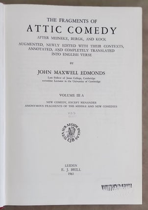 The fragments of attic comedy after Meineke, Bergk, and Kock. Vol. I: Old comedy. Vol. II: Middle comedy. Vol. III A (part 1): New comedy, except Menander. Anonymous fragments of the middle and new comedies. Vol. III B (part 2): Menander (complete set)[newline]M7576a_13.jpeg