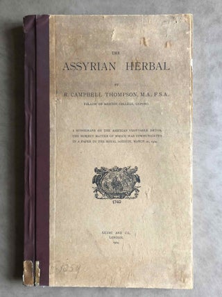 3 works: 1) Assyrian medical texts from the originals in the British Museum. 2) The Assyrian Herbal. A monograph on the Assyrian vegetable drugs, the subject matter of which was communicated in a paper to the Royal Society, March 20, 1924. 3) On the Chemistry of Ancient Assyrians (complete set)[newline]M7602-09.jpeg