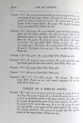 The Devils and Evil Spirits of Babylonia, being Babylonian and Assyrian Incantations against the Demons, Ghouls, Vampires, Hobgoblins, Ghosts, and Kindred Evil, Spirits, which attack Mankind. Translate from the original cuneiform texts, with Transliterations, Vocabulary, Notes, etc.In 2 vols / In 2 Bänden: Vol. 1: Evil Spirits. Vol. 2: Fever Sickness and Headache