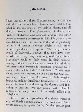 The Devils and Evil Spirits of Babylonia, being Babylonian and Assyrian Incantations against the Demons, Ghouls, Vampires, Hobgoblins, Ghosts, and Kindred Evil, Spirits, which attack Mankind. Translate from the original cuneiform texts, with Transliterations, Vocabulary, Notes, etc.In 2 vols / In 2 Bänden: Vol. 1: Evil Spirits. Vol. 2: Fever Sickness and Headache[newline]M7603-12.jpeg
