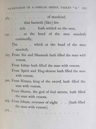 The Devils and Evil Spirits of Babylonia, being Babylonian and Assyrian Incantations against the Demons, Ghouls, Vampires, Hobgoblins, Ghosts, and Kindred Evil, Spirits, which attack Mankind. Translate from the original cuneiform texts, with Transliterations, Vocabulary, Notes, etc.In 2 vols / In 2 Bänden: Vol. 1: Evil Spirits. Vol. 2: Fever Sickness and Headache