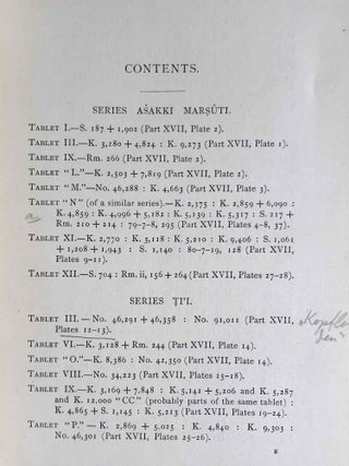 The Devils and Evil Spirits of Babylonia, being Babylonian and Assyrian Incantations against the Demons, Ghouls, Vampires, Hobgoblins, Ghosts, and Kindred Evil, Spirits, which attack Mankind. Translate from the original cuneiform texts, with Transliterations, Vocabulary, Notes, etc.In 2 vols / In 2 Bänden: Vol. 1: Evil Spirits. Vol. 2: Fever Sickness and Headache[newline]M7603-24.jpeg