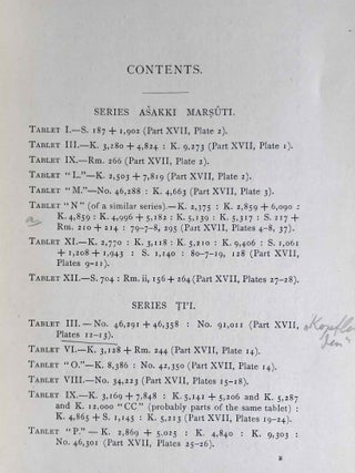 The Devils and Evil Spirits of Babylonia, being Babylonian and Assyrian Incantations against the Demons, Ghouls, Vampires, Hobgoblins, Ghosts, and Kindred Evil, Spirits, which attack Mankind. Translate from the original cuneiform texts, with Transliterations, Vocabulary, Notes, etc.In 2 vols / In 2 Bänden: Vol. 1: Evil Spirits. Vol. 2: Fever Sickness and Headache