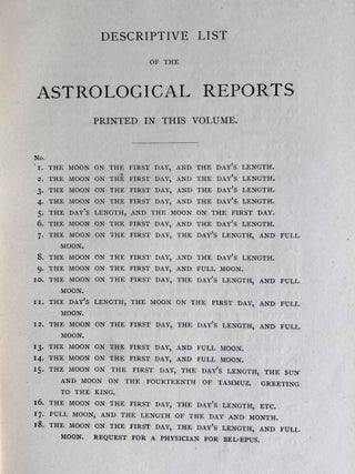The Reports of the Magicians and Astrologers of Nineveh and Babylon in the British Museum. The original Texts, printed in Cuneiform Characters, edited with Translations, Notes, Vocabulary, Index, and an Introduction. Vol. 1: The cuneiform texts. Vol. 2: English translations, vocabulary (complete set)