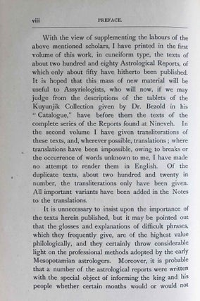 The Reports of the Magicians and Astrologers of Nineveh and Babylon in the British Museum. The original Texts, printed in Cuneiform Characters, edited with Translations, Notes, Vocabulary, Index, and an Introduction. Vol. 1: The cuneiform texts. Vol. 2: English translations, vocabulary (complete set)