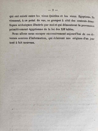 Les rapports historiques et l&eacute;gaux des Quirites et des &Eacute;gyptiens depuis la fondation de Rome jusqu'aux emprunts faits par les auteurs de la loi des XII tables au code d'Amasis. M&eacute;moire original lu &agrave; l'&Eacute;cole du Louvre pendant l'ann&eacute;e scolaire 1899-1900.[newline]M7723-04.jpeg