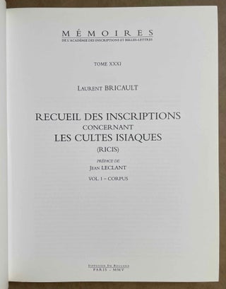 Recueil des inscriptions concernant les cultes Isiaques (RICIS). Volumes 1 et 2 : Corpus. Volume 3: Planches (complete set)[newline]M8352-01.jpeg