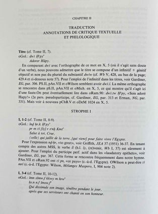 L'hymne à la crue du Nil. Tome I: Traduction et commentaire. Tome II: Présentation du texte. Texte synoptique. Planches. (complete set)