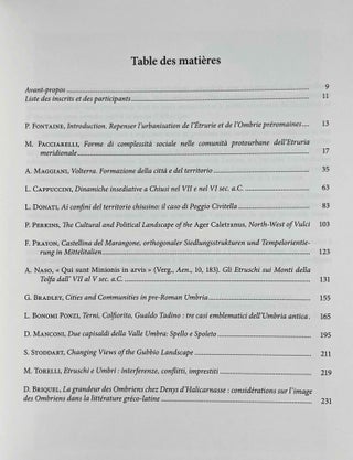 L'Etrurie et l'Ombrie avant Rome. Cité et territoire. Actes du colloque international, Louvain-la-Neuve, Halles Universitaires, Sénat académique, 13-14 février 2004.