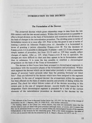 Naturalization in Athens. Vol. 1: A corpus of Athenian decrees granting citizenship. Vol. 2: Commentaries on the decrees granting citizenship. Vol. 3: The testimonia for grants of citizenship. Vol. 4: The law and practice of naturalization in Athens from the origins to the Roman period (complete set)