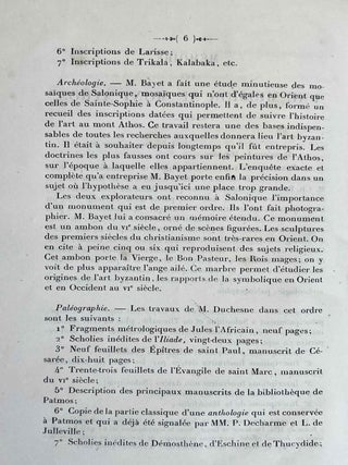 M&eacute;moire sur une mission au mont Athos (par l'abb&eacute; Louis Duchesne). Suivi d'un m&eacute;moire sur un ambon conserv&eacute; &agrave; Salonique; la repr&eacute;sentation des mages en Orient et en Occident durant les premiers si&egrave;cles, (par M. Bayet).