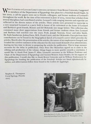 Egypt and beyond. Essays presented to Leonard H. Lesko upon his Retirement from the Wilbour Chair of Egyptology at Brown University, June 2005.[newline]M9155-05.jpeg
