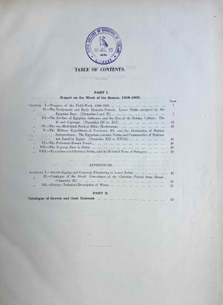 The archaeological survey of Nubia. Report for 1907-1908. Vol. I,1: Archaeological Report, by George A. Reisner. Vol. I,2: Plates and plans accompanying volume I. Volume II,1: Report on the human remains, by G. Elliot Smith and F. Wood Jones. Vol. II,2: Plates accompanying volume II. Vol. III,1: Report for 1908-1909. Vol. I, part I: Report on the work of the season 1908-1909; part II: Catalogue of graves and their contents, by C.M. Firth. Vol. III,2: Plates and plans accompanying volume I. Vol. IV: Report for 1909-1910, by C.M. Firth. Vol. V: Report for 1910-1911, by C.M. Firth. (complete set)[newline]M9178-55.jpeg