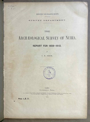 The archaeological survey of Nubia. Report for 1907-1908. Vol. I,1: Archaeological Report, by George A. Reisner. Vol. I,2: Plates and plans accompanying volume I. Volume II,1: Report on the human remains, by G. Elliot Smith and F. Wood Jones. Vol. II,2: Plates accompanying volume II. Vol. III,1: Report for 1908-1909. Vol. I, part I: Report on the work of the season 1908-1909; part II: Catalogue of graves and their contents, by C.M. Firth. Vol. III,2: Plates and plans accompanying volume I. Vol. IV: Report for 1909-1910, by C.M. Firth. Vol. V: Report for 1910-1911, by C.M. Firth. (complete set)[newline]M9178-71.jpeg