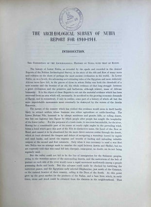 The archaeological survey of Nubia. Report for 1907-1908. Vol. I,1: Archaeological Report, by George A. Reisner. Vol. I,2: Plates and plans accompanying volume I. Volume II,1: Report on the human remains, by G. Elliot Smith and F. Wood Jones. Vol. II,2: Plates accompanying volume II. Vol. III,1: Report for 1908-1909. Vol. I, part I: Report on the work of the season 1908-1909; part II: Catalogue of graves and their contents, by C.M. Firth. Vol. III,2: Plates and plans accompanying volume I. Vol. IV: Report for 1909-1910, by C.M. Firth. Vol. V: Report for 1910-1911, by C.M. Firth. (complete set)[newline]M9178-81.jpeg