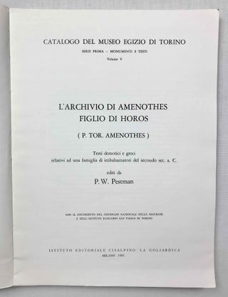 L'Archivio di Amenothes figlio di Horos (P. Tor. Amenothes). Testi demotici e greci relativi ad una famiglia di imbalsamatori del secondo sec. a. C.