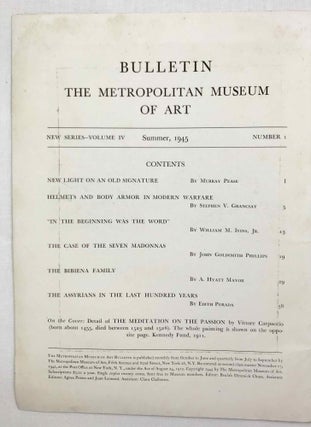 MMA (Metropolitan Museum of Art) Bulletins: Summer 1945 (incl. Assyrians), March 1949 (incl. Irish Bronze Age weapons), April 1952 (incl. Nimrud, Assyria), March 1955 (incl. Assyrian & Persian objects) + Supplement to the Bulletin June 1915 (Jewelry) + Supplement to the Bulletin December 1919 (The Treasure of Lahun). Set of 6 volumes.[newline]M9308-03.jpeg