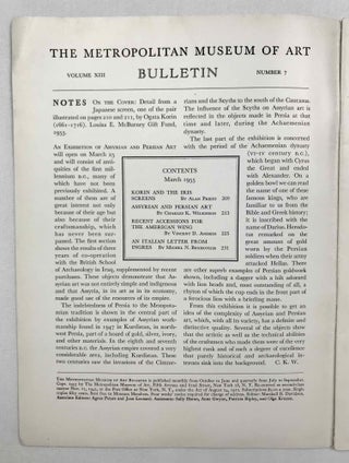 MMA (Metropolitan Museum of Art) Bulletins: Summer 1945 (incl. Assyrians), March 1949 (incl. Irish Bronze Age weapons), April 1952 (incl. Nimrud, Assyria), March 1955 (incl. Assyrian & Persian objects) + Supplement to the Bulletin June 1915 (Jewelry) + Supplement to the Bulletin December 1919 (The Treasure of Lahun). Set of 6 volumes.[newline]M9308-09.jpeg
