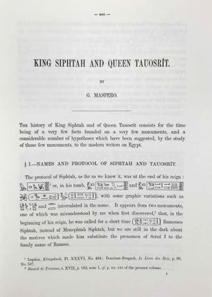Set of 6 titles in 5 volumes: 1) The tomb of Hatshopsitu. 2) The tombs of Harmhabi and Touatankhamanou. 3) The tomb of Thoutmosis IV. 4) The tomb of Siphtah, with The tomb of Queen Tiyi. 5) The royal Mummies.