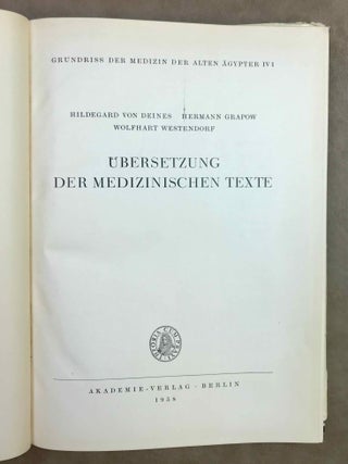 Grundriss der Medizin der alten &Auml;gypter, complete set of 9 volumes. Vol. I: Anatomie und Physiologie. Vol. II: Von den medizinischen Texten. Vol. III: Kranker, Krankheiten und Arzt. Vom gesunden und kranken &Auml;gypter, von den Krankheiten, vom Arzt und von der &auml;rztlichen T&auml;tigkeit. Vol. IV: &Uuml;bersetzung der medizinischen Texte. Band I. Band II: Erl&auml;uterungen. Vol. V: Die medizinischen Texte in hieroglyphischer Umschreibung autographiert. Vol. VI: W&ouml;rterbuch der &Auml;gyptischen Drogennamen. Vol. VII: W&ouml;rterbuch der medizinischen Texte. Band I & II. Vol. VIII: Grammatik der medizinischen Texte. Vol. IX: Erg&auml;nzungen: Drogenquanten, Sachgruppen, Nachtr&auml;ge, Bibliographie, Generalregister (complete set)
