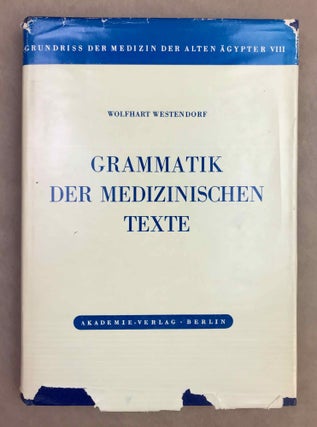 Grundriss der Medizin der alten Ägypter, complete set of 9 volumes. Vol. I: Anatomie und Physiologie. Vol. II: Von den medizinischen Texten. Vol. III: Kranker, Krankheiten und Arzt. Vom gesunden und kranken Ägypter, von den Krankheiten, vom Arzt und von der ärztlichen Tätigkeit. Vol. IV: Übersetzung der medizinischen Texte. Band I. Band II: Erläuterungen. Vol. V: Die medizinischen Texte in hieroglyphischer Umschreibung autographiert. Vol. VI: Wörterbuch der Ägyptischen Drogennamen. Vol. VII: Wörterbuch der medizinischen Texte. Band I & II. Vol. VIII: Grammatik der medizinischen Texte. Vol. IX: Ergänzungen: Drogenquanten, Sachgruppen, Nachträge, Bibliographie, Generalregister (complete set)