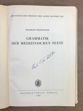 Grundriss der Medizin der alten &Auml;gypter, complete set of 9 volumes. Vol. I: Anatomie und Physiologie. Vol. II: Von den medizinischen Texten. Vol. III: Kranker, Krankheiten und Arzt. Vom gesunden und kranken &Auml;gypter, von den Krankheiten, vom Arzt und von der &auml;rztlichen T&auml;tigkeit. Vol. IV: &Uuml;bersetzung der medizinischen Texte. Band I. Band II: Erl&auml;uterungen. Vol. V: Die medizinischen Texte in hieroglyphischer Umschreibung autographiert. Vol. VI: W&ouml;rterbuch der &Auml;gyptischen Drogennamen. Vol. VII: W&ouml;rterbuch der medizinischen Texte. Band I & II. Vol. VIII: Grammatik der medizinischen Texte. Vol. IX: Erg&auml;nzungen: Drogenquanten, Sachgruppen, Nachtr&auml;ge, Bibliographie, Generalregister (complete set)