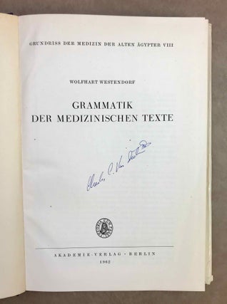 Grundriss der Medizin der alten Ägypter, complete set of 9 volumes. Vol. I: Anatomie und Physiologie. Vol. II: Von den medizinischen Texten. Vol. III: Kranker, Krankheiten und Arzt. Vom gesunden und kranken Ägypter, von den Krankheiten, vom Arzt und von der ärztlichen Tätigkeit. Vol. IV: Übersetzung der medizinischen Texte. Band I. Band II: Erläuterungen. Vol. V: Die medizinischen Texte in hieroglyphischer Umschreibung autographiert. Vol. VI: Wörterbuch der Ägyptischen Drogennamen. Vol. VII: Wörterbuch der medizinischen Texte. Band I & II. Vol. VIII: Grammatik der medizinischen Texte. Vol. IX: Ergänzungen: Drogenquanten, Sachgruppen, Nachträge, Bibliographie, Generalregister (complete set)