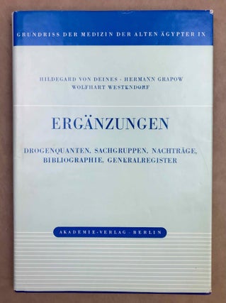Grundriss der Medizin der alten Ägypter, complete set of 9 volumes. Vol. I: Anatomie und Physiologie. Vol. II: Von den medizinischen Texten. Vol. III: Kranker, Krankheiten und Arzt. Vom gesunden und kranken Ägypter, von den Krankheiten, vom Arzt und von der ärztlichen Tätigkeit. Vol. IV: Übersetzung der medizinischen Texte. Band I. Band II: Erläuterungen. Vol. V: Die medizinischen Texte in hieroglyphischer Umschreibung autographiert. Vol. VI: Wörterbuch der Ägyptischen Drogennamen. Vol. VII: Wörterbuch der medizinischen Texte. Band I & II. Vol. VIII: Grammatik der medizinischen Texte. Vol. IX: Ergänzungen: Drogenquanten, Sachgruppen, Nachträge, Bibliographie, Generalregister (complete set)